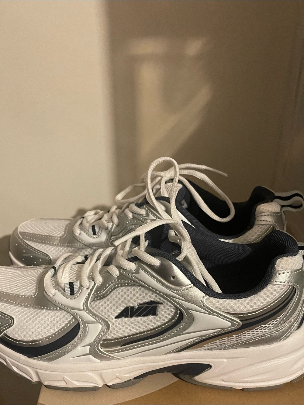 Avia Men's White and Silver Running Sneakers with Navy Accents